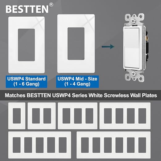 BESTTEN 20 Pack 3-Way Decorator Wall Light Switch with Wallplate, 15A 120V/277V, Single Pole or Three Way, On/Off Rocker Paddle Wall Switch, 3 Wire, Residential and Commercial Grade, UL Listed, White