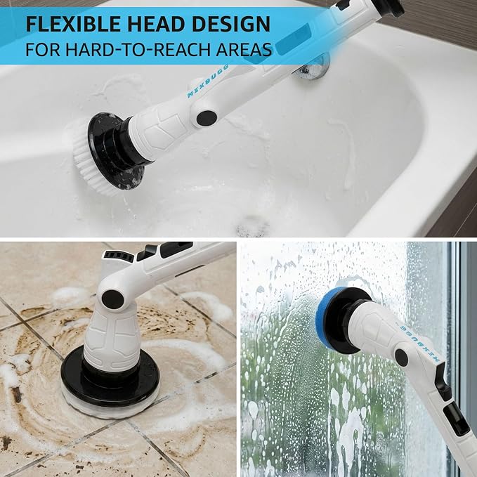 Electric Spin Scrubber, 3-Speed 6 Adjustable Head Power Scrubber for Cleaning Bathroom, 8 Brush Heads & 54" Long Handle, Cordless Scrubber with LCD Display Shower Scrubber for Grout Tile Floor Tub Car