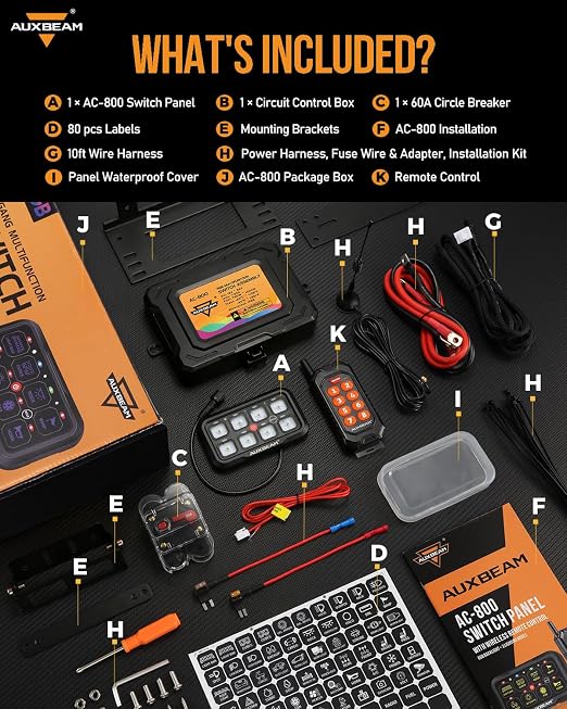 Auxbeam 8 Gang Switch Panel Bluetooth RGB AC-800 with APP&Remote Control Toggle Momentary Pulsed Switch Pod Off Backlight for Truck Offroad UTV ATV Car Marine 12-24V Waterproof 3 Years Warranty