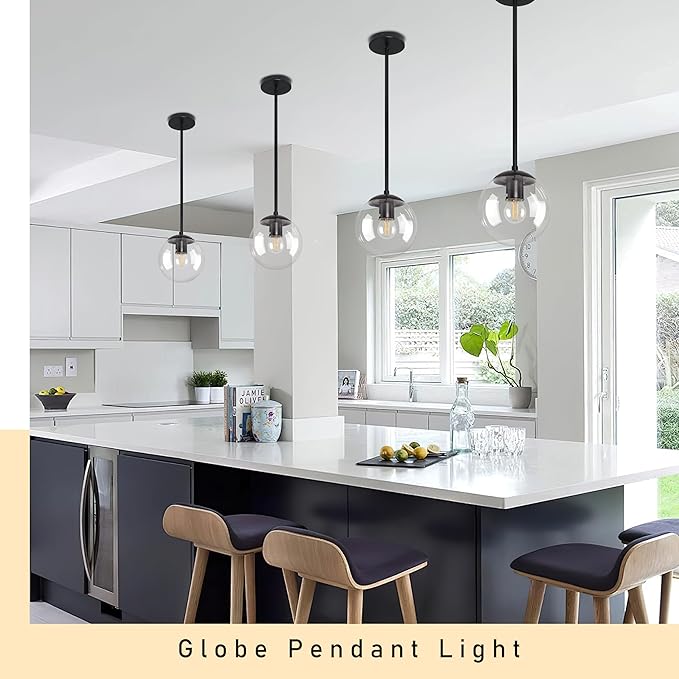 Bagood 6 Inch Globe Pendant Light Black Mid Century Pendant Light Clear Glass Pendant Lights Kitchen Island Mid Century Adjustable Hanging Farmhouse Pendant Lights Fixtures for Kitchen Island