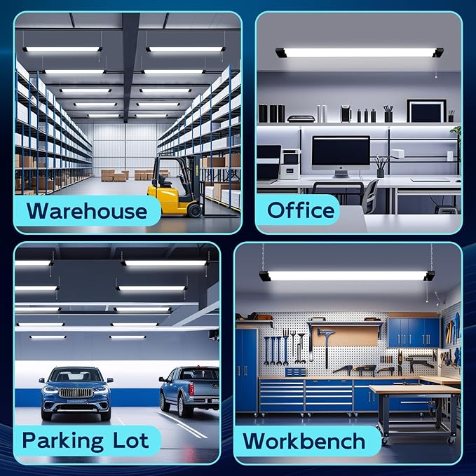hykolity 4 Pack 4FT Linkable LED Shop Light for Garage, 6500lm, 4FT 60W Utility Light Fixture, 5000K Daylight LED Workbench Light with Plug, Hanging or Surface Mount, Black - ETL