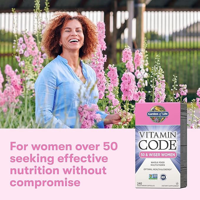 Garden of Life Vitamin Code Multivitamines pour Femmes de 50 ans et plus, Vitamines B, A, C, D3, E et K, CoQ10, Probiotiques et Enzymes, pour Femmes de 50 ans et plus, 240 Gélules