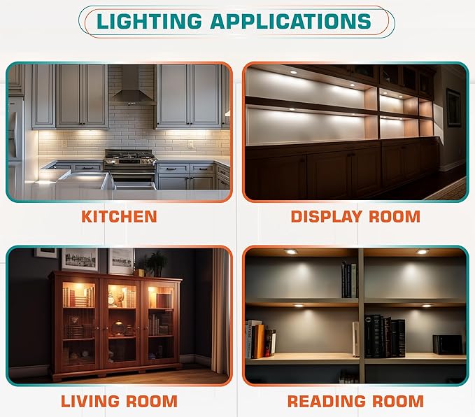 Single LED Puck Light for Under Obove Cabinet Counter Bar Shelf Back Lighting, 120V Electric Direct Wall Plug in, Handy On Off Switch, Black Cables, 2 Packs, Warm White