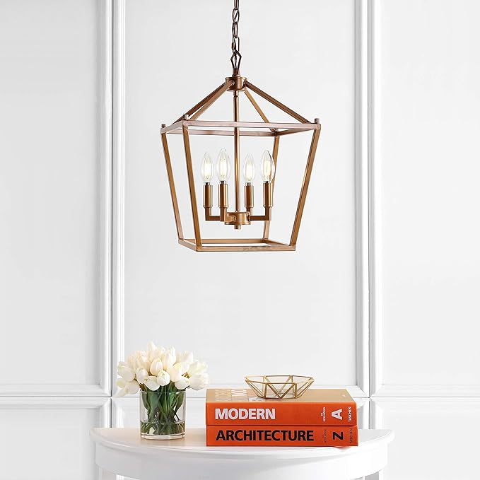 JONATHAN Y 12" Antique Gold Lantern Pendant Light, 4-Light Pagoda Style Metal Cage Farmhouse Hanging Ceiling Fixture for Kitchen Island, LED Bulb Included (JYL7436B)