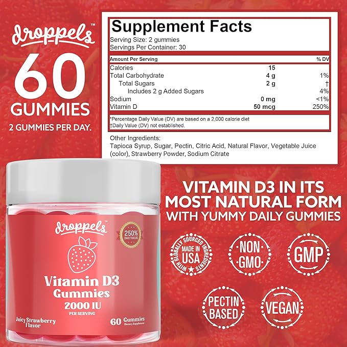 Droppels Vitamine D3 Gommes 2000 UI – Force supplémentaire, Végétarien, Vitamine D en Gommes à base de Pectine Végétale pour la Santé des Os – Saveur Fraise juteuse, 60 Unités (Approvisionnement d'1 Mois)