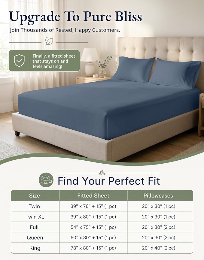 LANE LINEN Twin XL Fitted Sheet, 100% Organic Cotton 2-Piece Set (1 Fitted Sheet, 1 Pillowcase), Percale Weave, Soft, Breathable, Fits Mattress Upto 15" Deep - Estate Blue (No Flat Sheet)