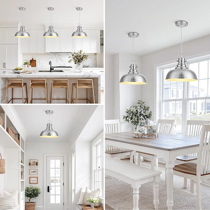 Refice Brushed Nikcel Farmhouse Pendant Lights Industrial Pendant Lighting for Kitchen Island Adjustable Height Dome Hanging Lights for Barn, Dining Room 2 Packs