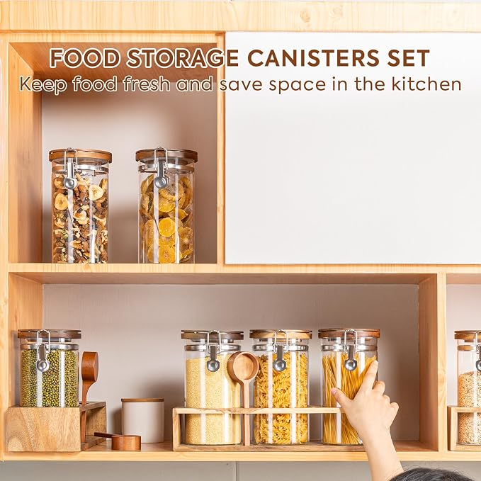 Yangbaga Glass Sugar Coffee Canister with Shelf, 3 x 45OZ Coffee Bean Containers Storage Station Organizer with Airtight Locking Clamp and Log Coffee Scoop, Food Storage Canisters Sets for Kitchen