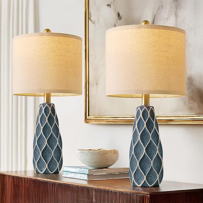 20.75" Small Table Lamps for Living Room Bedroom Lamps Set of 2 Ceramic Modern Boho Bedside Lamps Night Stands Farmhouse Vintage Nightstand Lamp Reading Light Home Office Dorm Desk Deco Gifts, Blue