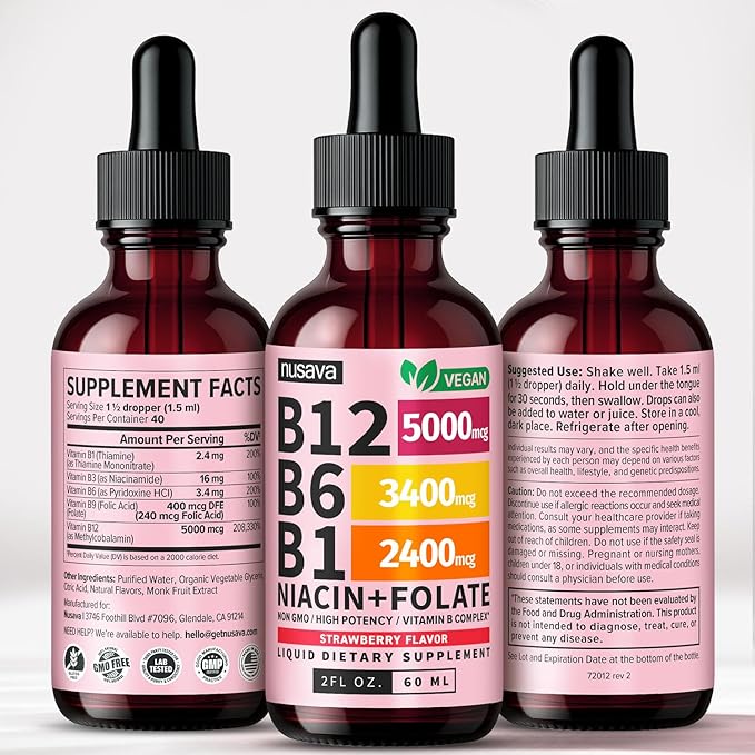 (Lot de 4) Vitamines B12 et B6 liquides, complexe de vitamines B12 sublinguales - Vitamine B12 5000mcg - Méthylcobalamine B12 pour l'énergie, le cerveau et le soutien cardiaque avec 27 200 mcg, Fraise, 80 portions