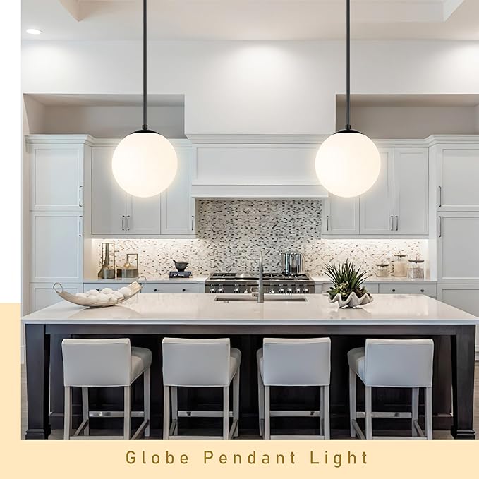 Bagood 10" Globe Pendant Light Black 2 Pack Mid Century Pendant Light Globe Pendant Lights Kitchen Island Matte Black Finished with Milk Glass Adjustable Ceiling Light Fixtures for Dining Room Bar