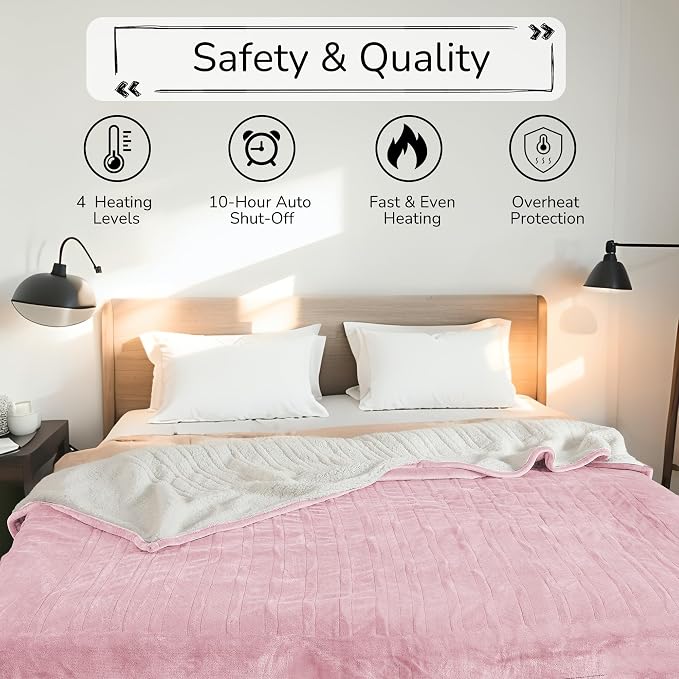 Electric Heated Blanket 84"x90" Queen Size, Dual-Sided Microplush Sherpa for Bedroom Couch Use, 4 Heat Settings & 10 Hours Auto Off Energy Saving, Dual Controller, Machine Washable - Light Pink