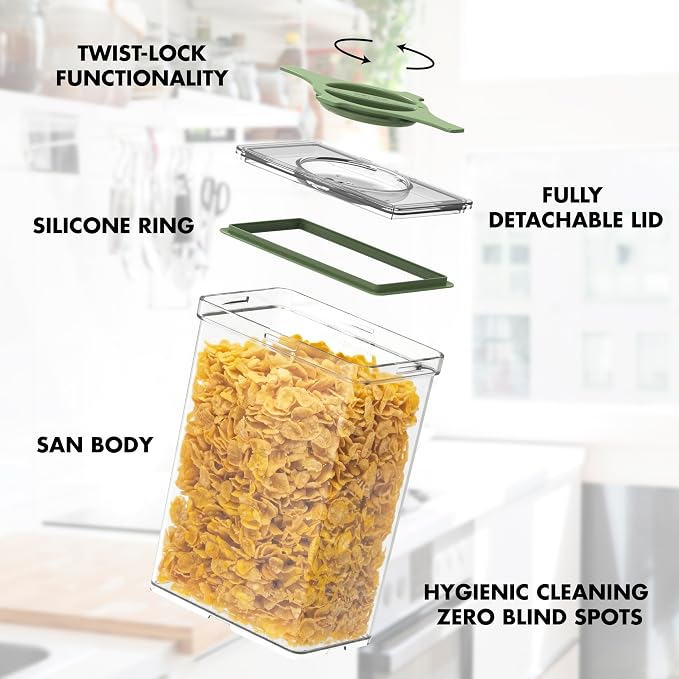 4-Pack Airtight Pantry Containers, 1.9 QT Clear SAN Food Storage Jars with Twist-Lock Lids, Detachable for Easy Cleaning, Stackable for Cereal, Pasta, Rice, Oats & Snacks White