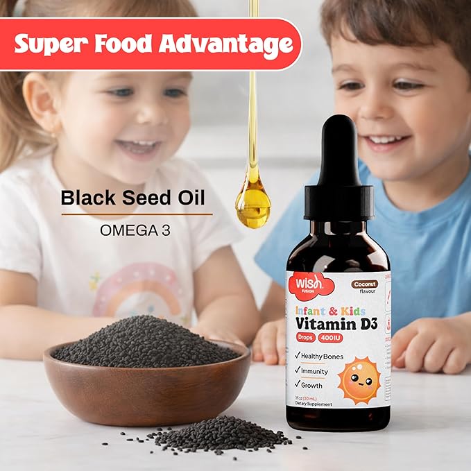 Kids Vitamin D Drops for Infants, Baby Vitamin D Drops for Bone Health, Immunity & Growth, Vitamin D3 Liquid Drops for Toddlers, Easy Absorption, 2 x 30ml Bottles
