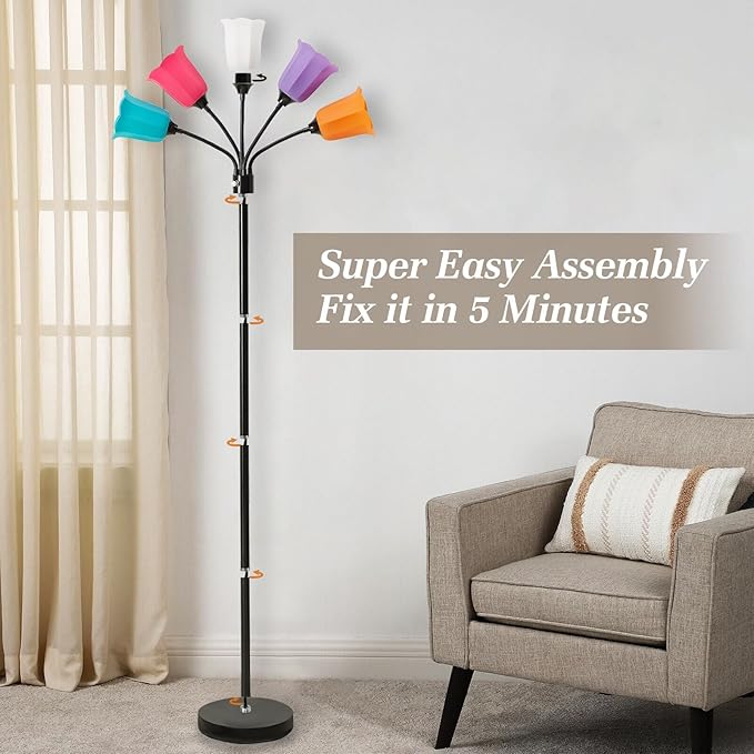 GyroVu Medusa LED Floor Lamp, Multi Head Modern Tall Lamp with Adjustable Gooseneck Standing Lamps Led Tall Lamp for Living Room Bedroom Kids Room Office 6 Color Lampshades Bulb Not Included Black