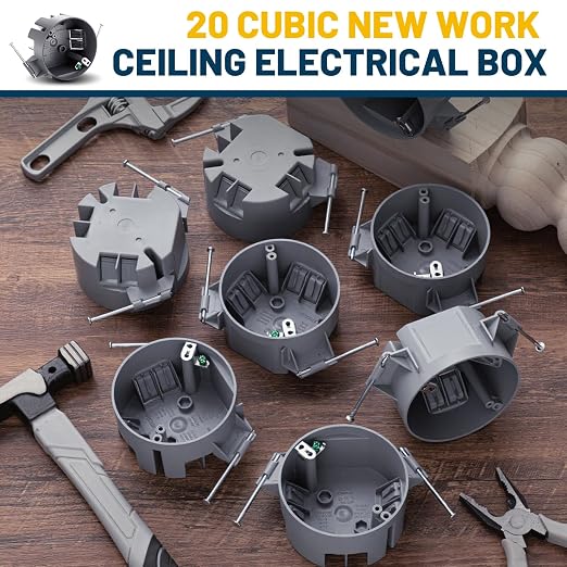 Tellegloww 6 Pcs Round Ceiling Electrical Box, 20 Cu in PVC Junction Box with Grounding Lug and Screws, Light Fixture and Ceiling Fan Installation for New Work Applications (Gray)