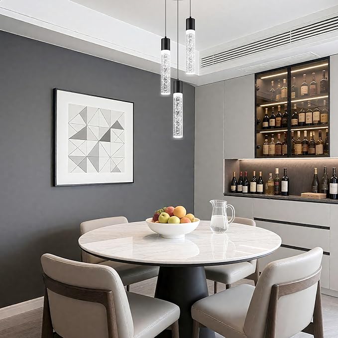 Pendant Lights Kitchen Island, 6500K Modern Kitchen Island Lights Brushed Black, Ceiling Lighting Fixtures with Crystal Bubble, Integrated LED Hanging Light for Dining Room 1 Pack(3-Light)