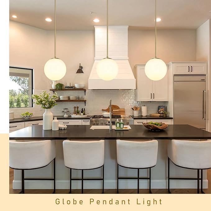 Bagood 10 Inch Globe Pendant Light Gold Mid Century Pendant Light Contemporary Globe Pendant Lights Adjustable Hanging Light Fixture Milk Glass with Brass Finish for Dining Room Kitchen Island