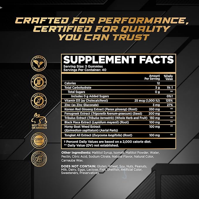 Testosterone Booster Gummies for Men - Enhancement Chews to Boost Testosterone for Energy Stamina Performance & Workout Support - Male Health Enhancing Supplement for Libido & Muscle Growth