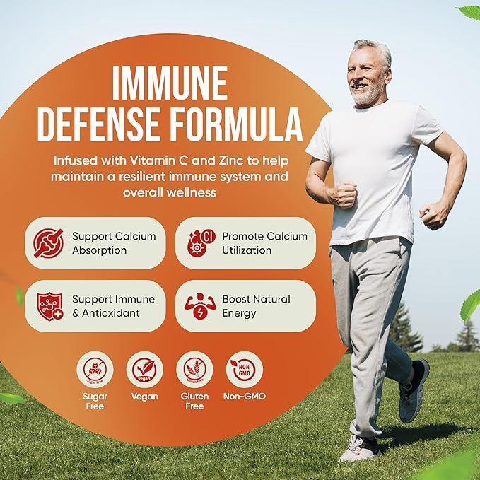 Gummies D3+K2 avec citrate de calcium, magnésium, vitamine C, zinc, 10000 UI, saveur pêche, sans sucre, 60 unités