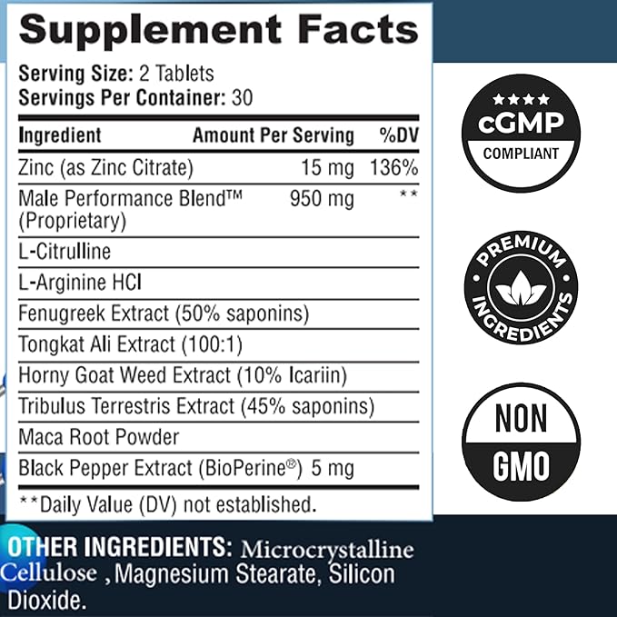 Testosterone Booster for Men (3rd Party Tested) Maca, H Goat Weed, Tongkat Ali, Tribulus - Stamina - Muscle Growth Testosterone Supplement for Men