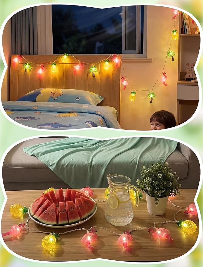 8.5FT Hawaiian Tropical String Lights 10LED Plug in Fairy Lights – Flamingo Pineapple Palm Tree, Waterproof Connectable Outdoor Lights for Luau Party Beach Pool Patio Indoor Summer Decor, UL Listed
