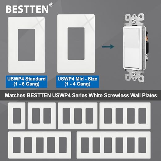 BESTTEN 20 Pack Single Pole Decorator Wall Light Switch with Wallplate, 15A 120/277V, On/Off Rocker Paddle Interrupter, UL Listed, White