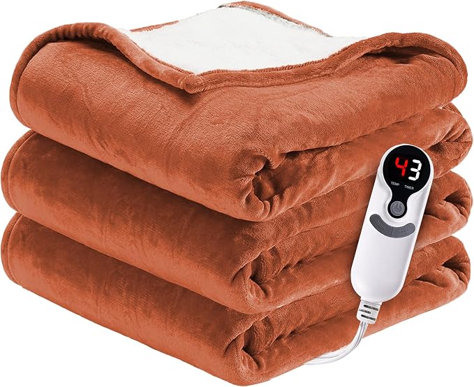 LUXIAN Electric Heated Blanket Full Size 72"x84", Soft Flannel & Sherpa Fleece for Bed and Sofa, Fast Heating, 9 Heat Settings, 1-10H Auto Off, Machine Washable, Cozy Winter Gift, Caramel