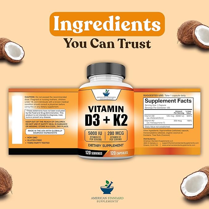American Standard Supplements Vitamin D3 5000 IU (125mcg) Plus Vitamin K2 (MK7) 200mcg Per Capsule - Gluten Free, Non-GMO, 120 Capsules, 120 Servings, 120 Day Supply