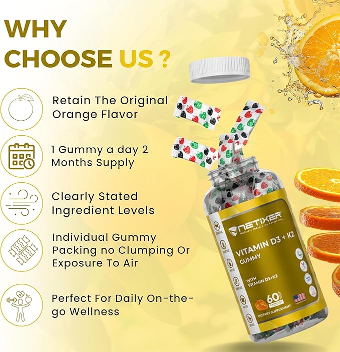 Gummies Vitamine D3 K2 pour Adultes – 60 Gummies Végans à l'Orange | 400 UI (10 mcg) D3 + 55 mcg Vitamine K2 MK-7 | Emballées Individuellement, Sans Gélatine, Sans Gluten, Sans OGM | Certifié Halal