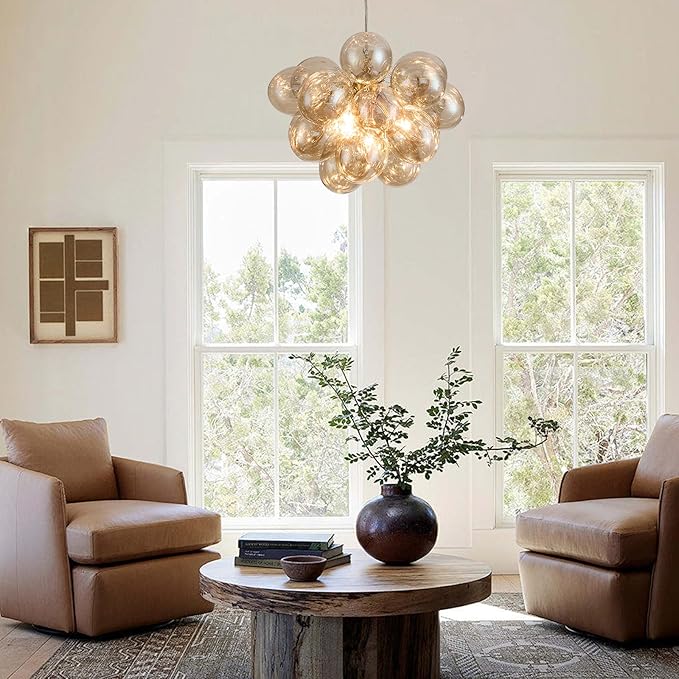 Surpars House Cognac Bubble Ball Chandelier, Modern Glass Ceiling Light, 4 Lights Pendant Lighting Fixture for Bedroom,Livinng Room,Dining Room