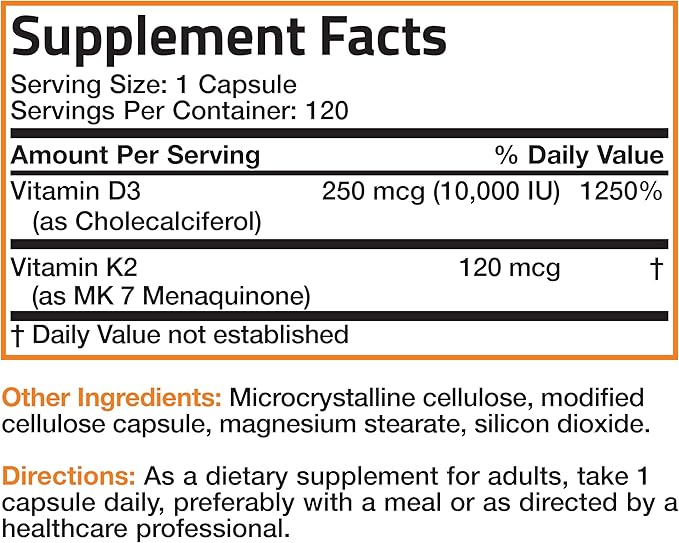 Bronson Vitamine K2 (MK7) avec D3 Supplément Extra Fort pour la Santé des Os et du Cœur Formule Sans OGM 10 000 UI Vitamine D3 & 120 mcg Vitamine K2 MK-7 Vitamine D & K Facile à Avaler, 120 Gélules