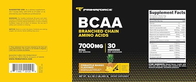 Primaforce BCAA Powder (Pineapple Mango) 30 Servings Per Container - 2:1:1 BCAAs, Post-Workout Recovery Drink with Amino Acids and Real Salt for Men & Women