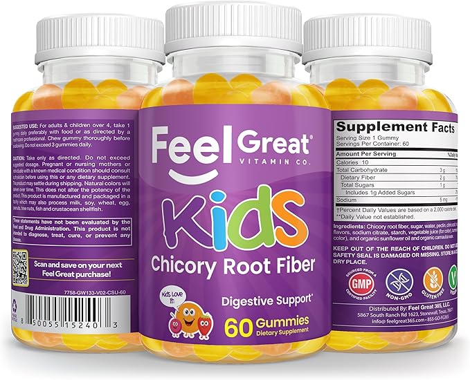 Gummies de fibres Feel Great Vitamin Company pour enfants pour le soutien digestif | Soulagement de la constipation chez les enfants | Gummies de fibres à mâcher au goût fruité | Compléments végétariens | Pour 60 jours