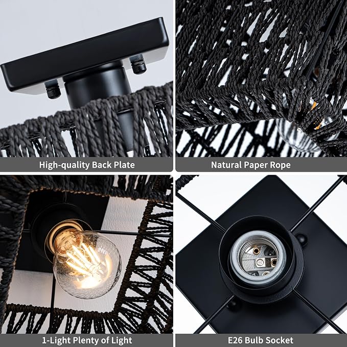 Rpzloila Rattan Ceiling Light, Black Boho Light Fixture, Square Flush Mount Ceiling Light for Bedroom, Hallway, Entryway, Kitchen, Laundry