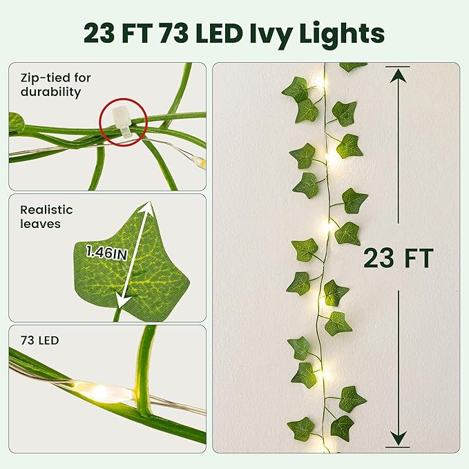 HEYFUNi Fake Ivy Vines with Lights, 23 Ft 73 Led Artificial Greenery Garland with Fairy Lights USB/Battery Operated, Leaf String Lights for Bedroom Aesthetic, Wall, Balcony, Wedding Decor, Warm White