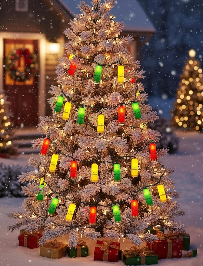 8.5Ft Multicolor Shotgun Shell String Lights Plug in, 10 LED Red Green Yellow Bullet Shape Lights, Connectable Hanging Bullets Lights for Patio Party Cinco de Mayo Mexican Fiesta Christmas Tree Decor