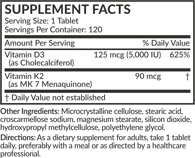 Futurebiotics Vitamine K2 avec D3, Soutien 2 en 1, 5000 UI Vitamine D3 et 90 mcg Vitamine K2 MK-7 Sans OGM, 120 Comprimés