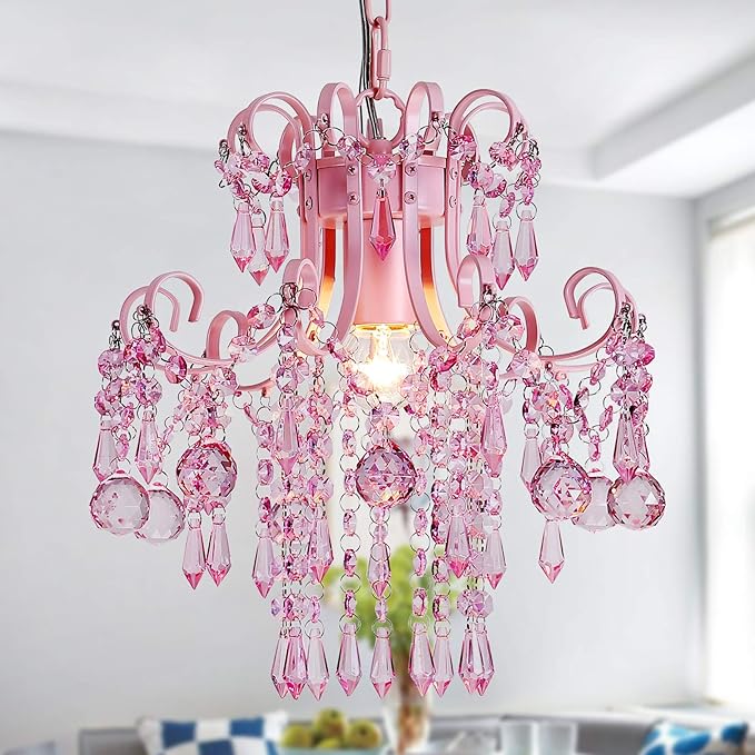 Q&S Mini Crystal Chandelier, Modern Pink Chandelier,Small Hanging Light Fixture for Princess Room Dressing Room Bathroom Clothing Store Salon W11.8 1 Light E26. UL Listed