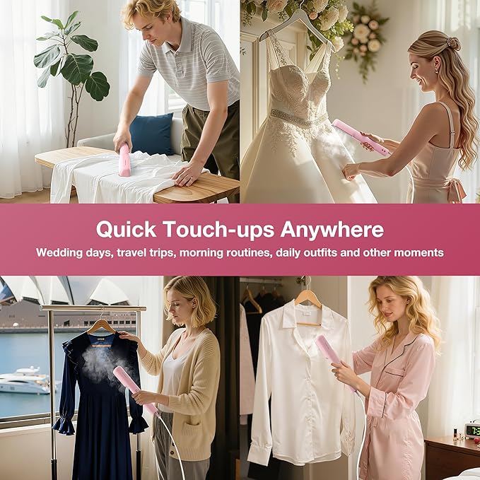 Newbealer 2in1 Travel Iron, 100-240V Clothes Steamer, 2 Steam Levels, Pink | Portable for On-the-Go, Heats in 20s, Dry Iron No Clamp, 180° Rotatable Head, 360° Leak-Proof, Auto-Off, Self-Cleaning, 90ml