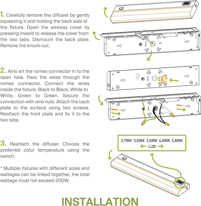 ASD LED Under Cabinet Lighting Hardwired, 48 Inch 24W 2700K-5000K Selectable, 2087LM, CRI90+, Direct Wire Linkable Under Counter Lights for Kitchen, Dimmable Under Cabinet Lights, White, UL Certified