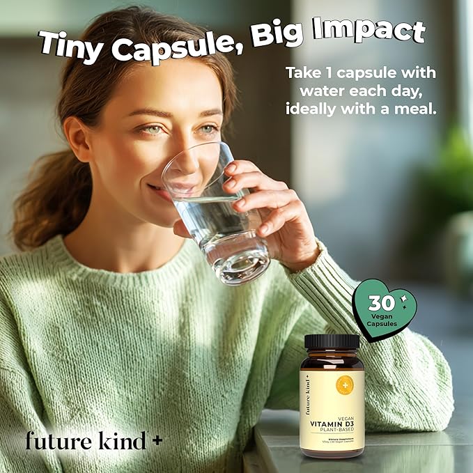 Future Kind ビタミンD3 2500 IU 骨と筋肉の機能サポート、植物性地衣類由来ヴィーガンビタミンDサプリメント、非遺伝子組み換え、砂糖不使用、純粋ビタミンD3、自然治癒力促進、30カプセル