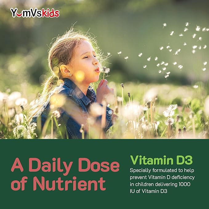 Gummies Vitamine D à croquer YUM-V pour enfants - Vitamine D 1000 UI - Gummies Vitamine D3 - Compléments alimentaires Vitamine D3 pour enfants - Vitamine D3 1000 UI pour enfants - Soutien de la santé osseuse et du système immunitaire (60 unités)