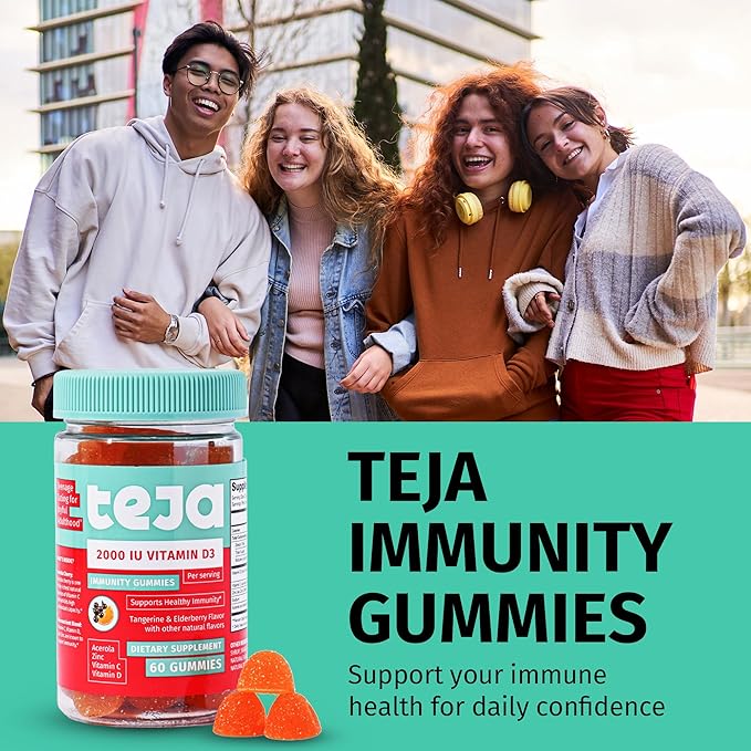 Gummies de soutien immunitaire TEJA pour adolescents avec vitamine D 2000 UI, VIT C, Zinc et Acérola. Supplément à faible teneur en sucre, Multivitamine quotidienne pour l'immunité des adolescents de 12 à 17 ans et des adultes. 60 Gummies