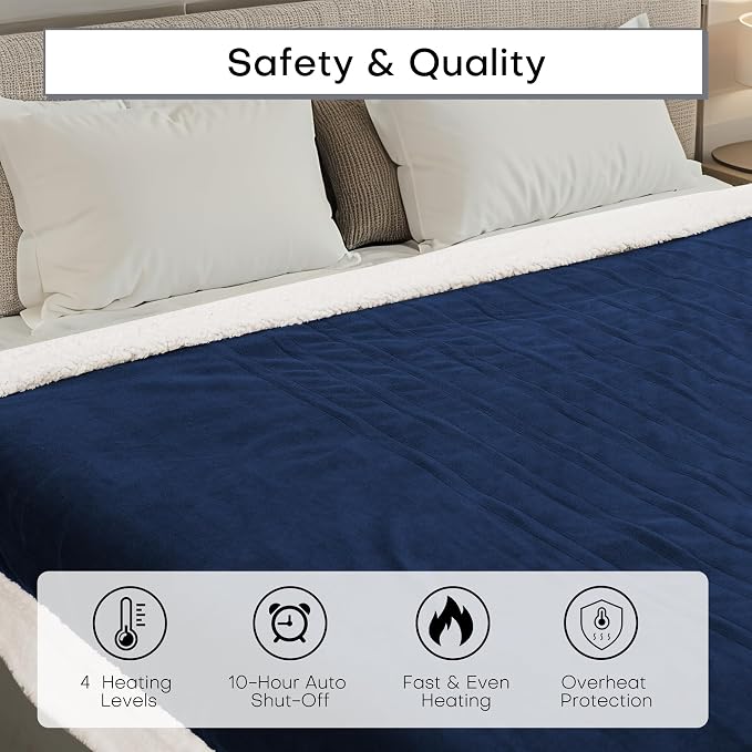 Electric Heated Blanket 72"x84" Full Size for Safe All Night Rest, Dual-Sided Microplush Sherpa for Bedroom Couch Use, 4 Heat Settings & 10 Hours Auto Off Energy Saving, Machine Washable-Dark Blue