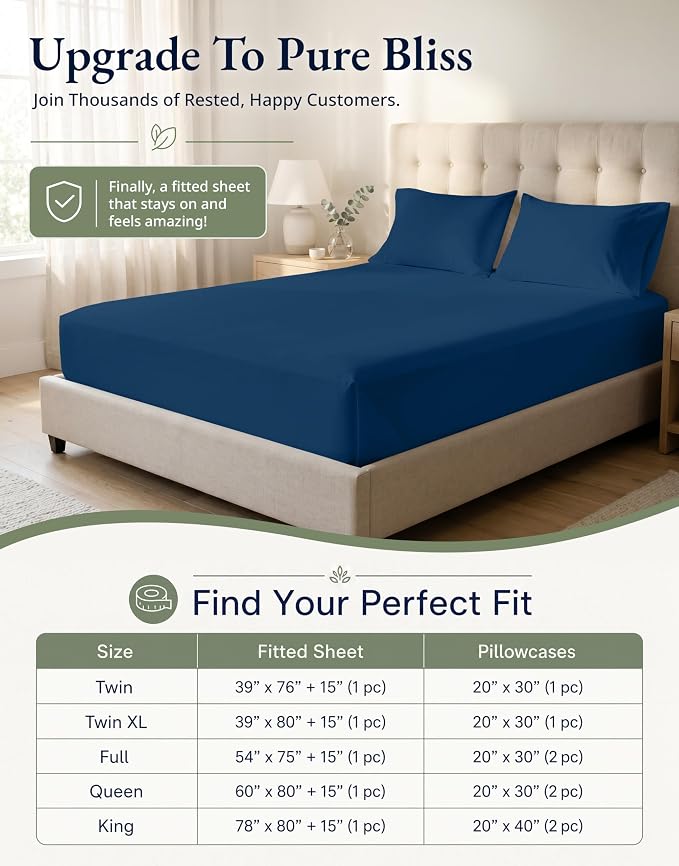 LANE LINEN Fitted Sheet King Size, 100% Organic Cotton, 3-Piece Set (1 Fitted Sheet,2 Pillowcases), Percale Weave, Ultra Soft, Breathable,Fits Mattress Upto 15" Deep - Navy (No Flat Sheet)
