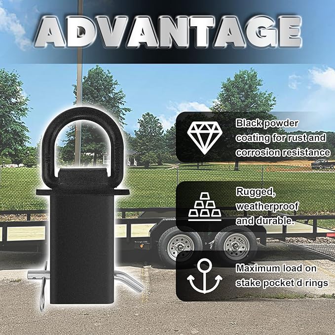 Stake Pocket D Rings 4Pcs 18000lbs Heavy Duty Removable D-Ring Stake Pocket Tie Down for Utility Trailers and Flatbeds with Hitch Pin, Removable Tie Down Utility for Flatbed Cargo Trucks, Black