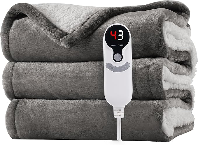 Electric Heated Blanket 62"x84" Twin Size, Dual-Sided Flannel & Sherpa, 6 Heat Settings & 1-10H Auto Off, Soft Warm for Home Office Bed Couch, Machine Washable, ETL Certified, Light Gray