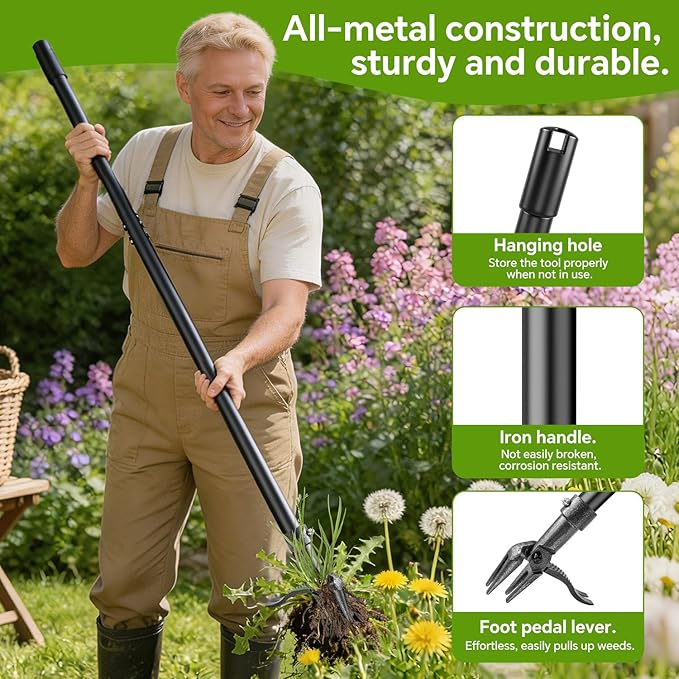 Weed Puller Tool – 45" All-Metal Stand Up Heavy Duty Weeder Hand Tool with 4-Claw Steel Head & Long Handle, Garden Weeding Tool for No Bending or Kneeling, Back & Knee Friendly, Easily Removes Weeds