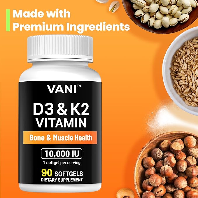 VANI Vitamines D3 (10000iu/250mcg) + K2 (sous forme de Mk7), pour la santé des os, des muscles et des dents, 90 GÉLULES